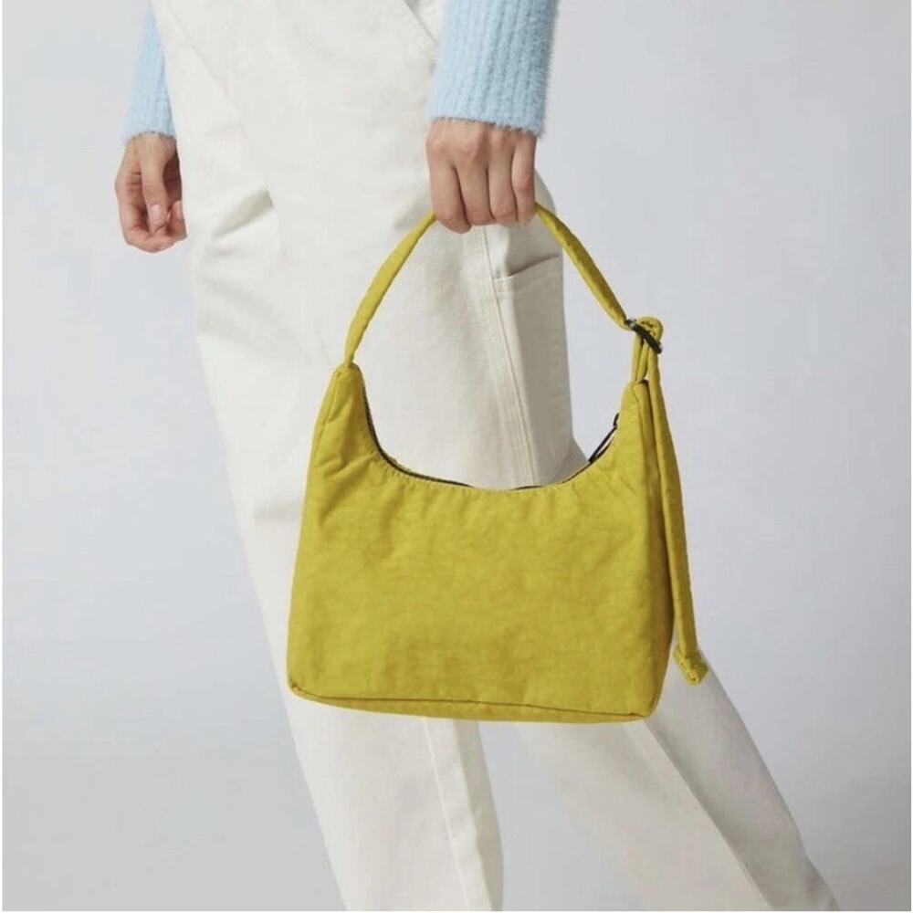 BAGGU Mini Nylon Shoulder Bag Top Zip in Sour Greenish/Yellow Colorful Neon